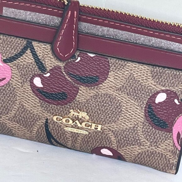 Coach Mini Skinny ID Wallet Cherry Red CZ462 Keyring Signature Brown Canvas - Picture 4 of 8